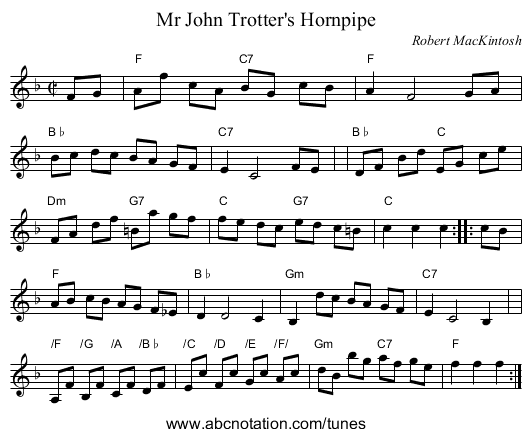Mr John Trotter's Hornpipe - staff notation