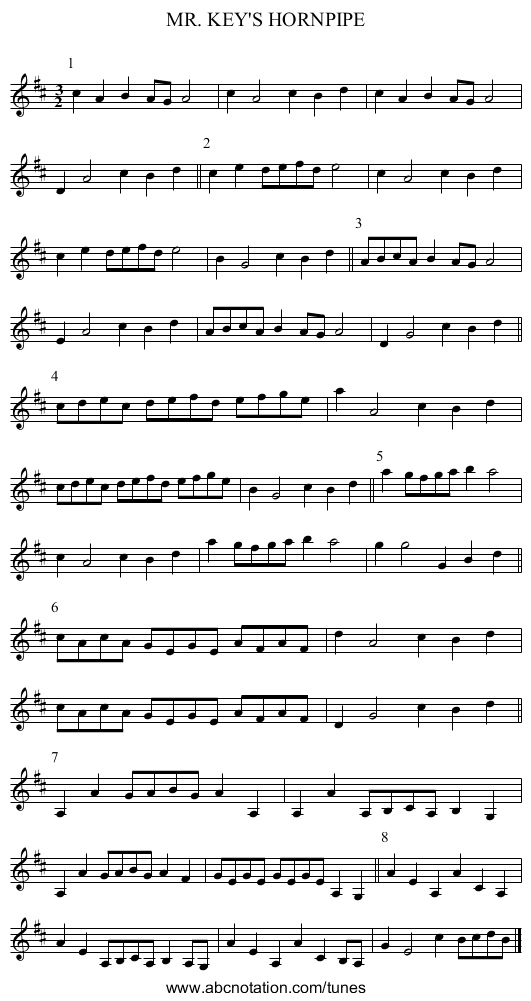 MR. KEY'S HORNPIPE - staff notation