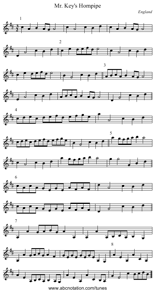 Mr. Key's Hornpipe - staff notation