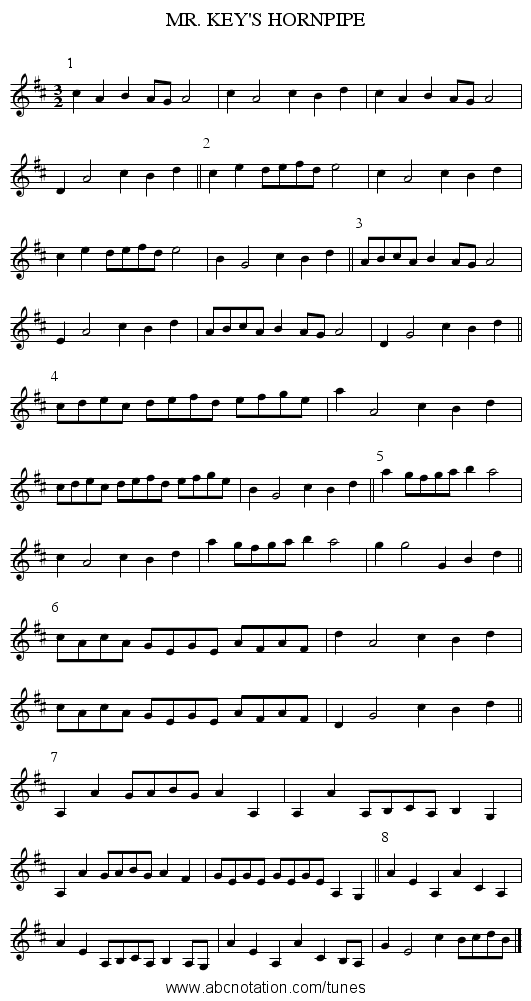 MR. KEY'S HORNPIPE - staff notation