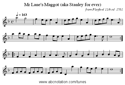 Mr Lane's Maggot (aka Stanley for ever) - staff notation