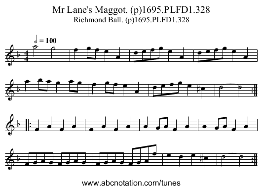 Mr Lane's Maggot. (p)1695.PLFD1.328 - staff notation
