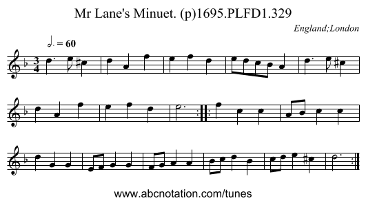Mr Lane's Minuet. (p)1695.PLFD1.329 - staff notation