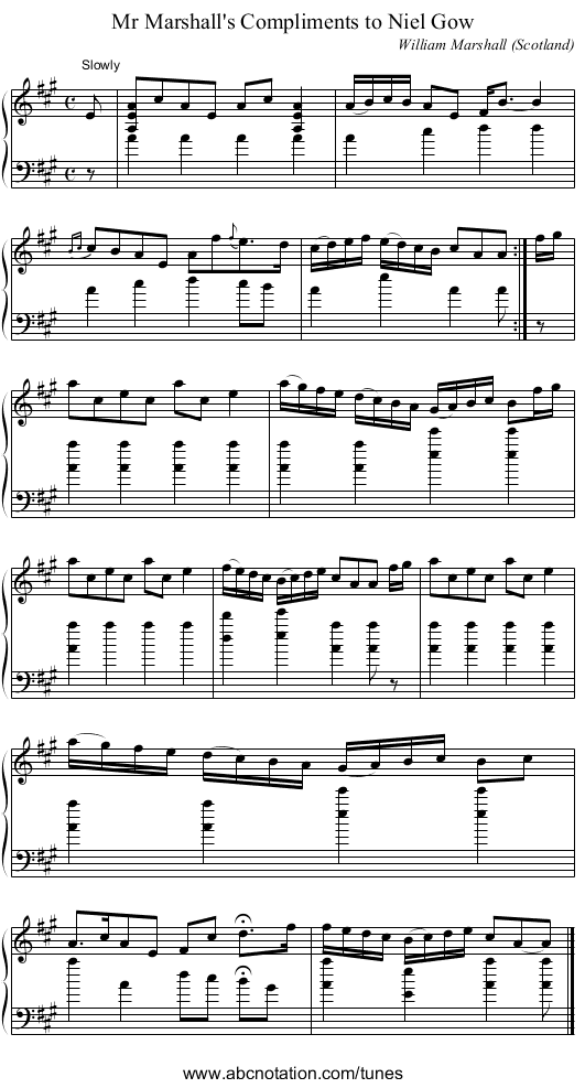 Mr Marshall's Compliments to Niel Gow - staff notation