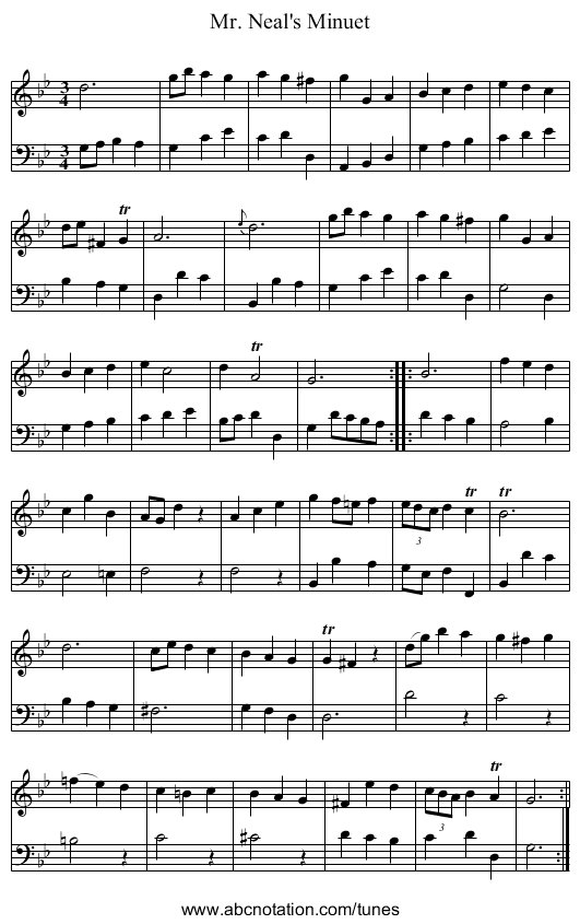 Mr. Neal's Minuet - staff notation