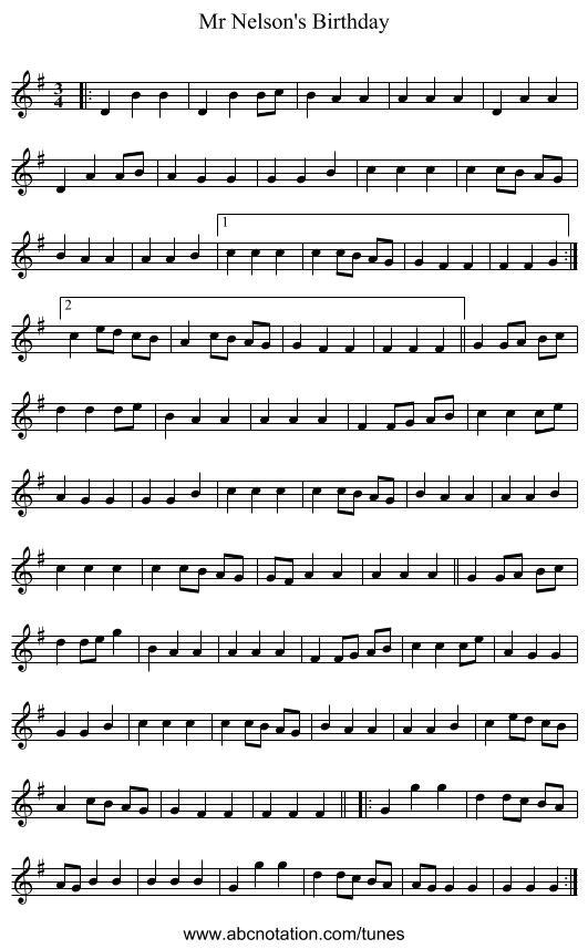 Mr Nelson's Birthday - staff notation
