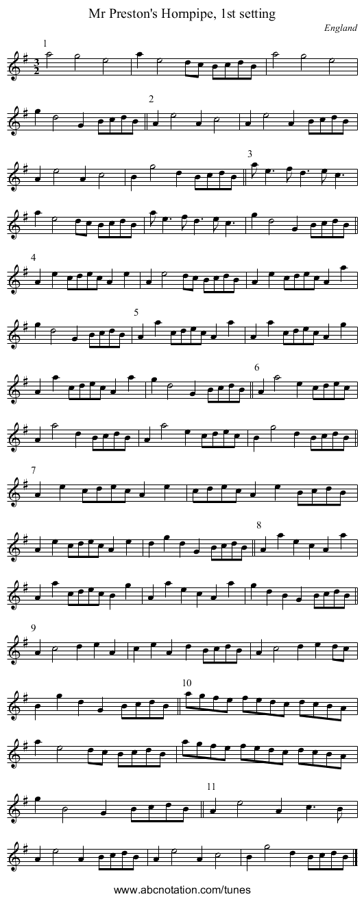 Mr Preston's Hornpipe, 1st setting - staff notation