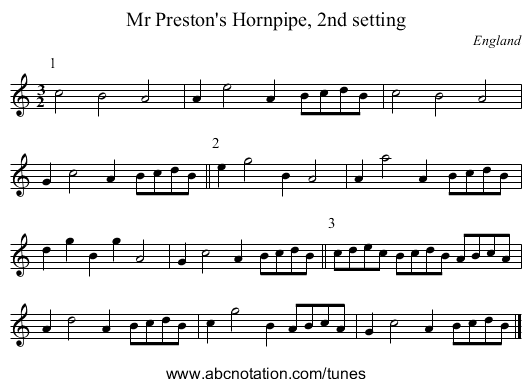 Mr Preston's Hornpipe, 2nd setting - staff notation