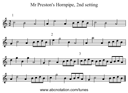 Mr Preston's Hornpipe, 2nd setting - staff notation