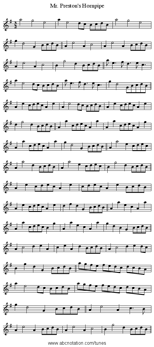 Mr. Preston's Hornpipe - staff notation