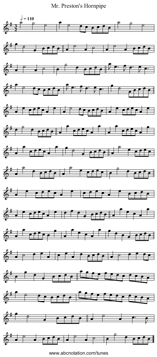 Mr. Preston's Hornpipe - staff notation