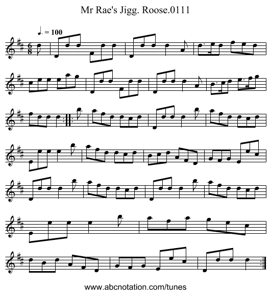 Mr Rae's Jigg. Roose.0111 - staff notation