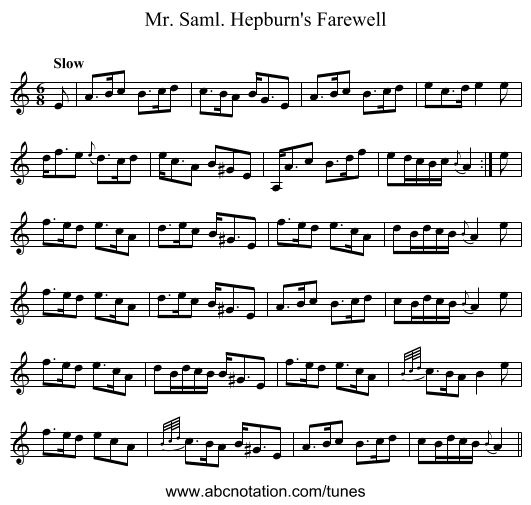 Mr. Saml. Hepburn's Farewell - staff notation