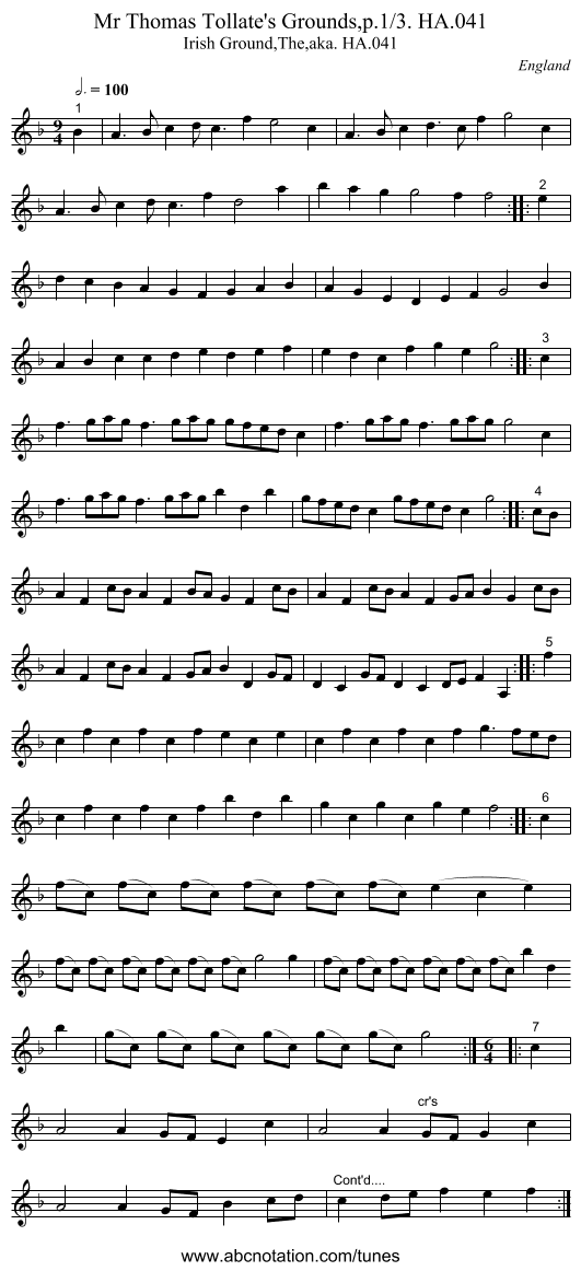 Mr Thomas Tollate's Grounds,p.1/3. HA.041 - staff notation