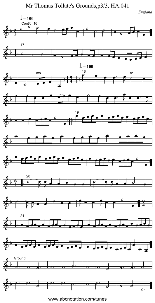 Mr Thomas Tollate's Grounds,p3/3. HA.041 - staff notation