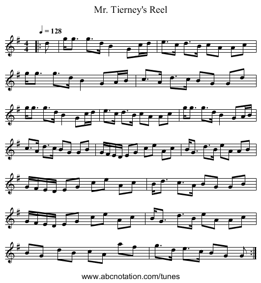 Mr. Tierney's Reel - staff notation