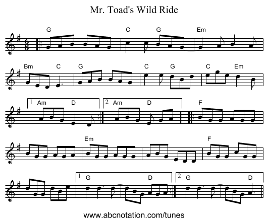 Mr. Toad's Wild Ride - staff notation