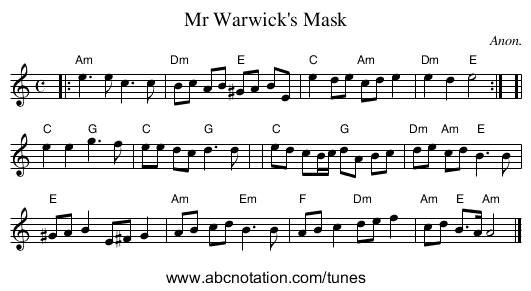 Mr Warwick's Mask - staff notation