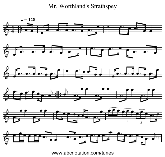 Mr. Worthland's Strathspey - staff notation