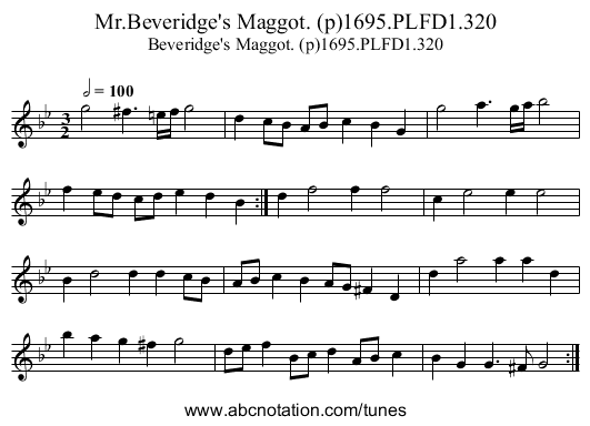 Mr.Beveridge's Maggot. (p)1695.PLFD1.320 - staff notation