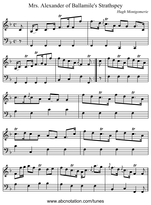 Mrs. Alexander of Ballamile's Strathspey - staff notation