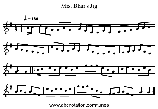 Mrs. Blair's Jig - staff notation