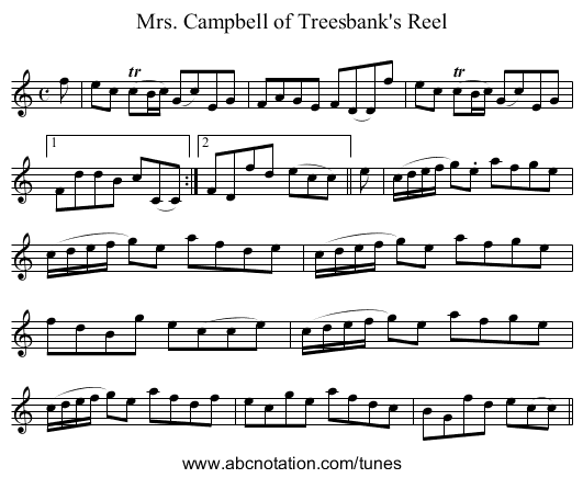 Mrs. Campbell of Treesbank's Reel - staff notation
