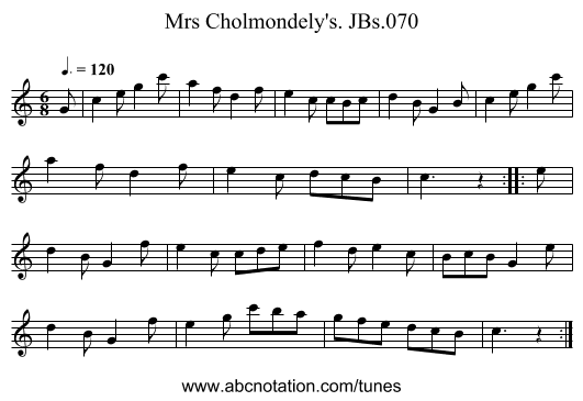 Mrs Cholmondely's. JBs.070 - staff notation