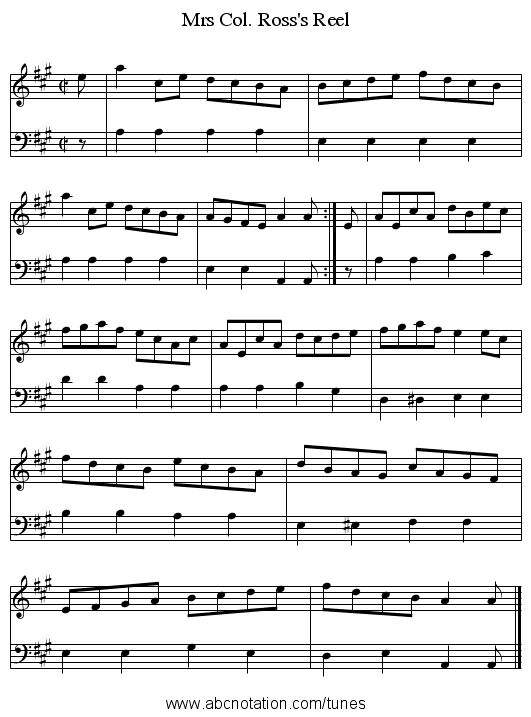 Mrs Col. Ross's Reel - staff notation