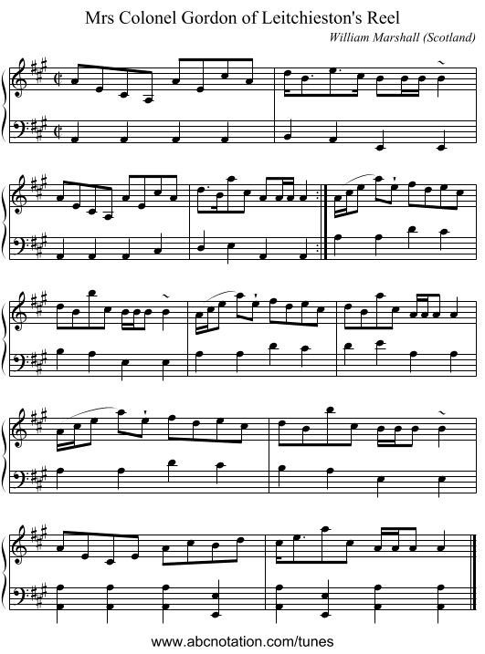 Mrs Colonel Gordon of Leitchieston's Reel - staff notation