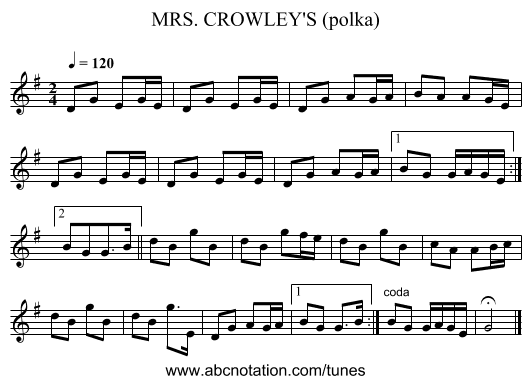MRS. CROWLEY'S (polka) - staff notation