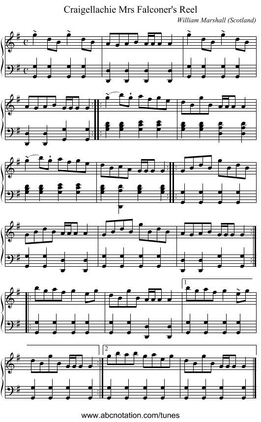 Mrs Falconer's Reel, Craigellachie - staff notation