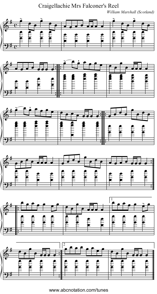 Mrs Falconer's Reel, Craigellachie - staff notation