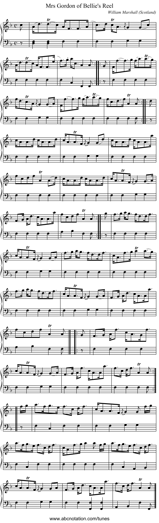 Mrs Gordon of Bellie's Reel - staff notation