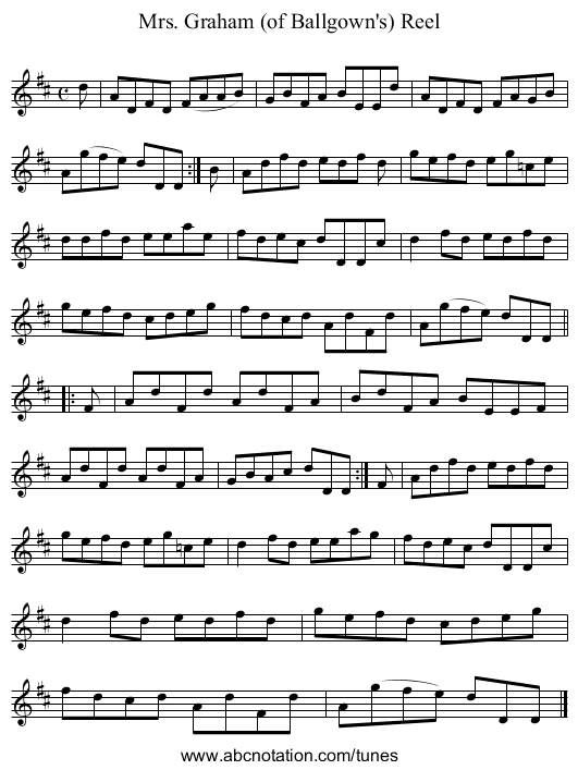 Mrs. Graham (of Ballgown's) Reel - staff notation
