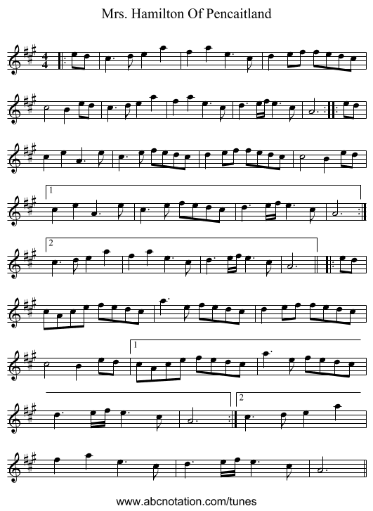 Mrs. Hamilton Of Pencaitland - staff notation
