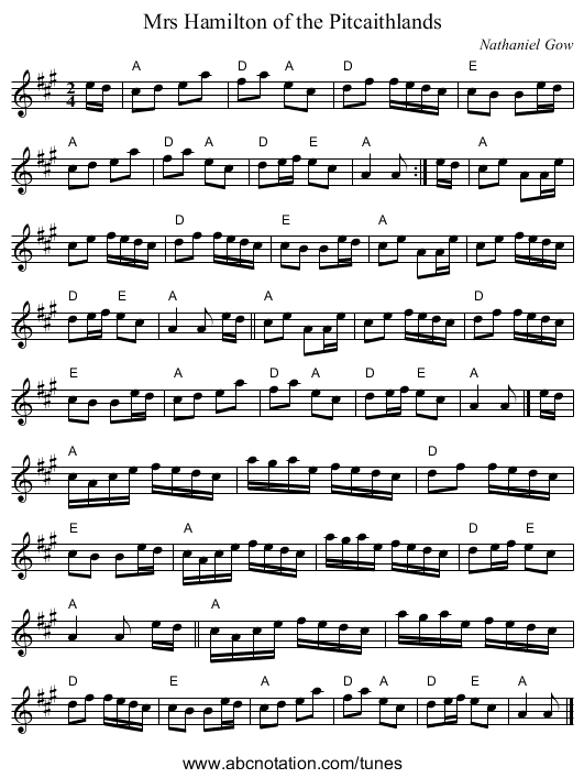 Mrs Hamilton of the Pitcaithlands - staff notation