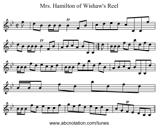 Mrs. Hamilton of Wishaw's Reel - staff notation