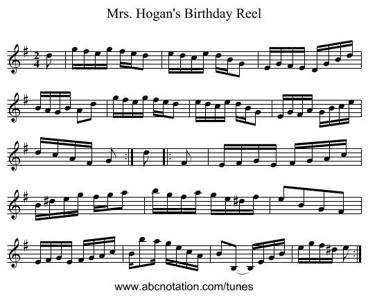 Mrs. Hogan's Birthday Reel - staff notation