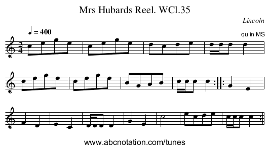 Mrs Hubards Reel. WCl.35 - staff notation