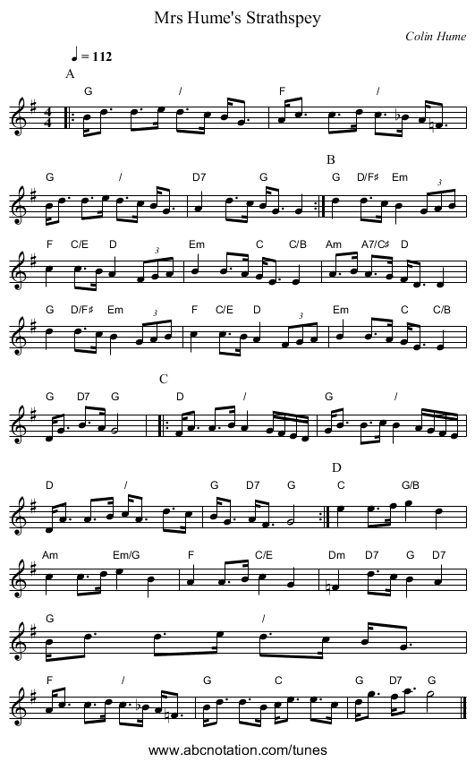 Mrs Hume's Strathspey - staff notation