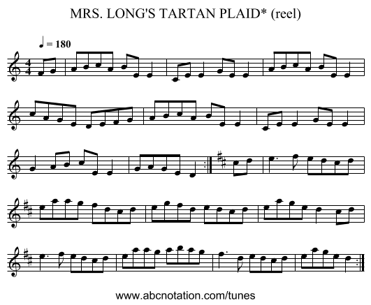 MRS. LONG'S TARTAN PLAID* (reel) - staff notation