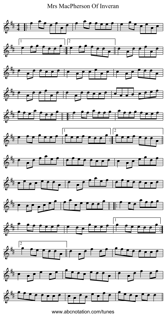Mrs MacPherson Of Inveran - staff notation