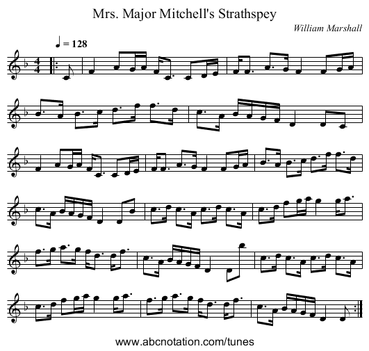 Mrs. Major Mitchell's Strathspey - staff notation