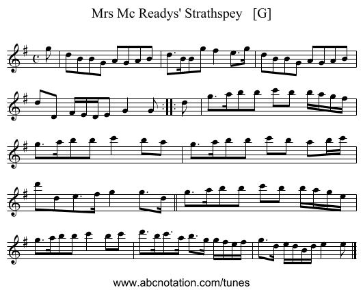 Mrs Mc Readys' Strathspey   [G] - staff notation