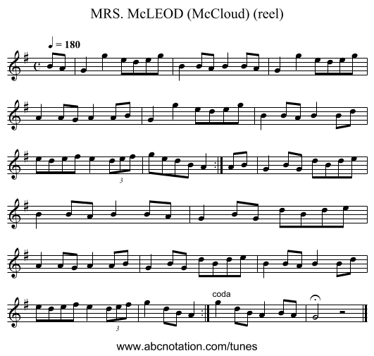 MRS. McLEOD (McCloud) (reel) - staff notation