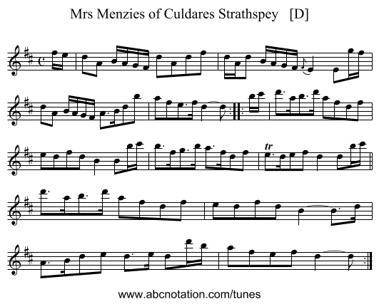 Mrs Menzies of Culdares Strathspey   [D] - staff notation