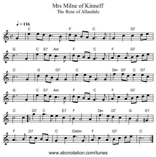 Mrs Milne of Kinneff - staff notation