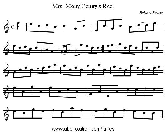 Mrs. Mony Penny's Reel - staff notation