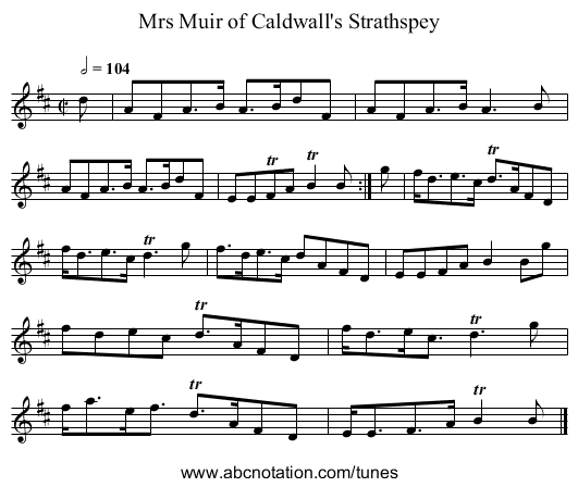 Mrs Muir of Caldwall's Strathspey - staff notation